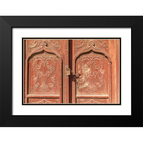 Middle East-Arabian Peninsula-Al Batinah South-Carved wooden door on a building in Oman Black Modern Wood Framed Art Print with Double Matting by Wilson, Emily M.