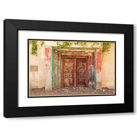 Middle East-Arabian Peninsula-Al Batinah South-Old carved wooden door on a building in Oman Black Modern Wood Framed Art Print with Double Matting by Wilson, Emily M.