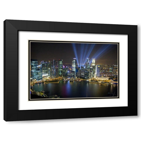 Singapore Downtown overview at night Black Modern Wood Framed Art Print with Double Matting by Zuckerman, Jim