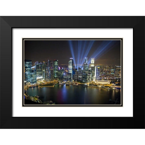 Singapore Downtown overview at night Black Modern Wood Framed Art Print with Double Matting by Zuckerman, Jim