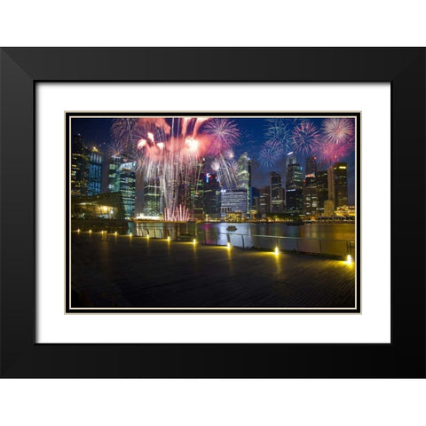 Singapore Fireworks in downtown area Black Modern Wood Framed Art Print with Double Matting by Zuckerman, Jim