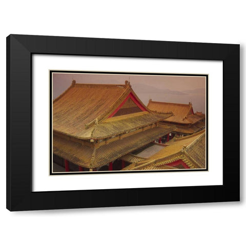 Taiwan, Wenwu Temple rooftops with Sun Moon Lake Black Modern Wood Framed Art Print with Double Matting by Satushek, Steve