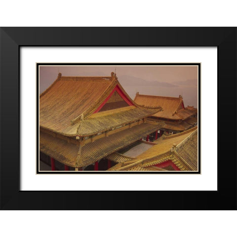 Taiwan, Wenwu Temple rooftops with Sun Moon Lake Black Modern Wood Framed Art Print with Double Matting by Satushek, Steve