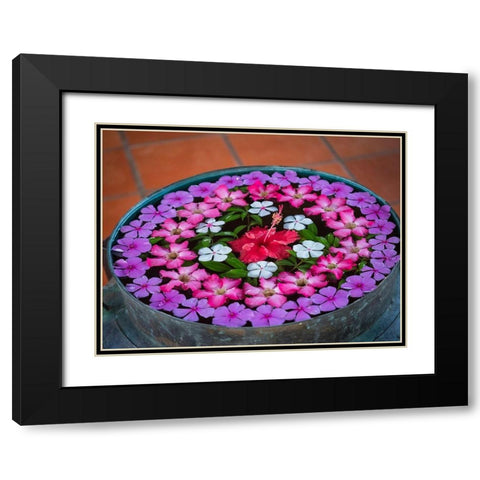 Asia-Vietnam-Mui Ne Red-white-pink-and purple flowers floating in a bowl of water Black Modern Wood Framed Art Print with Double Matting by Merrill Images
