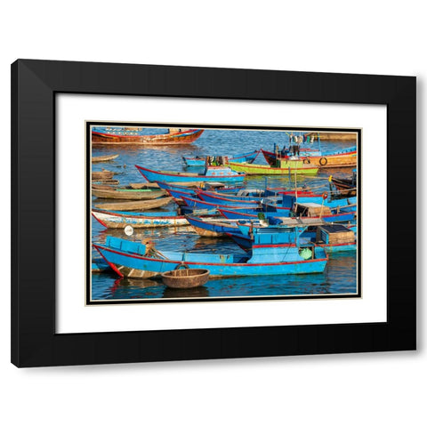 Distinctive red and blue fishing fleet in major fishing port of Nha Trang-South Central Vietnam Black Modern Wood Framed Art Print with Double Matting by Haseltine, Tom