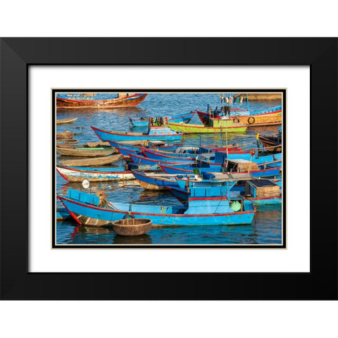 Distinctive red and blue fishing fleet in major fishing port of Nha Trang-South Central Vietnam Black Modern Wood Framed Art Print with Double Matting by Haseltine, Tom