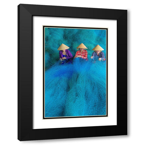 Vietnam-Women repairing fishing nets Black Modern Wood Framed Art Print with Double Matting by Norring, Tom