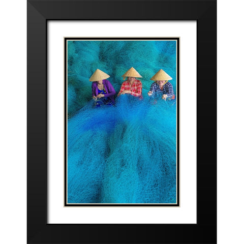 Vietnam-Women repairing fishing nets Black Modern Wood Framed Art Print with Double Matting by Norring, Tom
