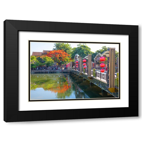 Vietnam-Hoi An bridge over the river with reflections and silk lamps Black Modern Wood Framed Art Print with Double Matting by Norring, Tom