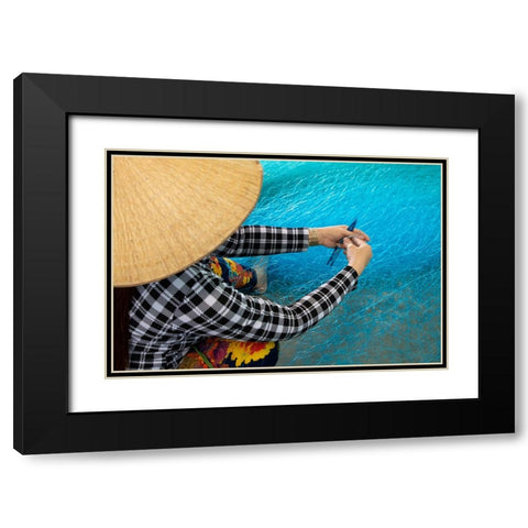 Vietnam-Women repairing fishing nets Black Modern Wood Framed Art Print with Double Matting by Norring, Tom