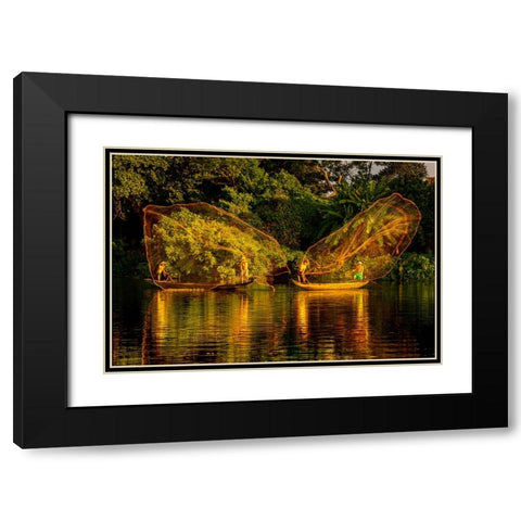 Vietnam-Butterfly net fishing-Fishermen working in complete synchronization Black Modern Wood Framed Art Print with Double Matting by Norring, Tom