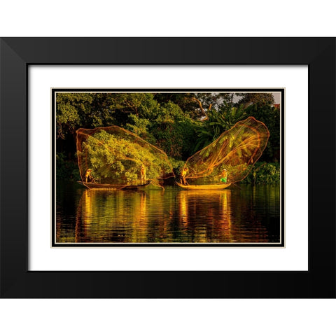 Vietnam-Butterfly net fishing-Fishermen working in complete synchronization Black Modern Wood Framed Art Print with Double Matting by Norring, Tom