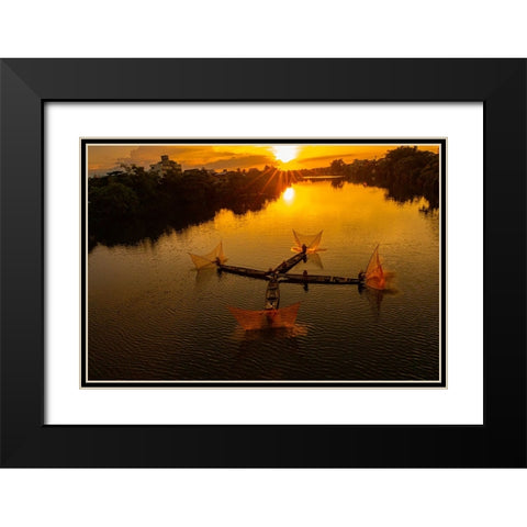 Vietnam-Coordinated lagoon fishing with nets at sunset Black Modern Wood Framed Art Print with Double Matting by Norring, Tom