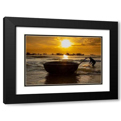 Vietnam-Fishermen deliver the nights catch to the beach at Hoi An Black Modern Wood Framed Art Print with Double Matting by Norring, Tom