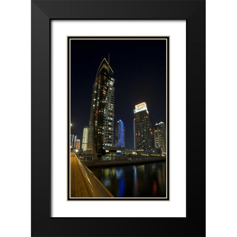 UAE, Dubai, Marina Downtown buildings at night Black Modern Wood Framed Art Print with Double Matting by Young, Bill