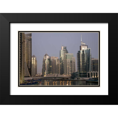 UAE, Dubai Tower lights reflect on marina water Black Modern Wood Framed Art Print with Double Matting by Young, Bill