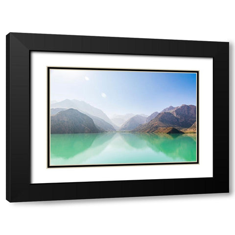 Iskanderkul-Sughd Province-Tajikistan Misty mountains above Iskanderkul Lake Black Modern Wood Framed Art Print with Double Matting by Wilson, Emily M.
