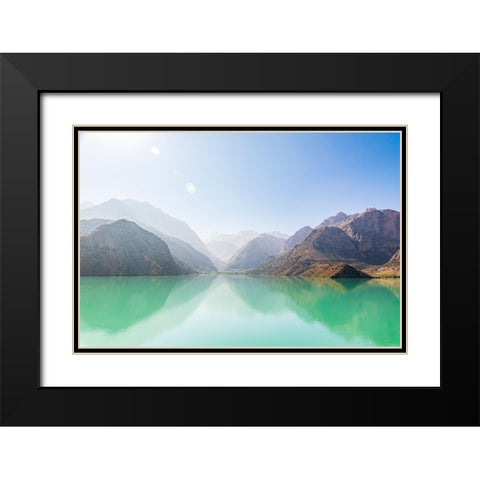 Iskanderkul-Sughd Province-Tajikistan Misty mountains above Iskanderkul Lake Black Modern Wood Framed Art Print with Double Matting by Wilson, Emily M.