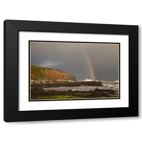 New Zealand, South Island Rainbow over Curio Bay Black Modern Wood Framed Art Print with Double Matting by Grall, Don