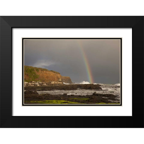 New Zealand, South Island Rainbow over Curio Bay Black Modern Wood Framed Art Print with Double Matting by Grall, Don