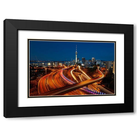 Motorways-Lightpath cycleway-and Skytower at dusk-Auckland-North Island-New Zealand Black Modern Wood Framed Art Print with Double Matting by Wall, David