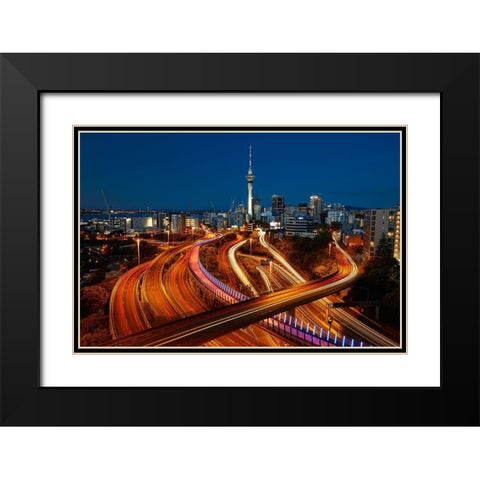 Motorways-Lightpath cycleway-and Skytower at dusk-Auckland-North Island-New Zealand Black Modern Wood Framed Art Print with Double Matting by Wall, David