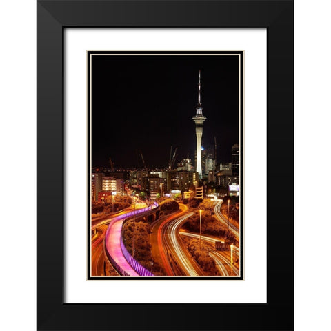 Motorways-Lightpath cycleway-and Skytower at night-Auckland-North Island-New Zealand Black Modern Wood Framed Art Print with Double Matting by Wall, David