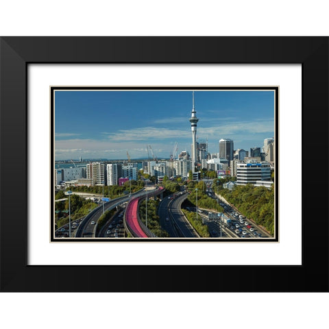 Motorways-Lightpath cycleway-and Skytower-Auckland-North Island-New Zealand Black Modern Wood Framed Art Print with Double Matting by Wall, David