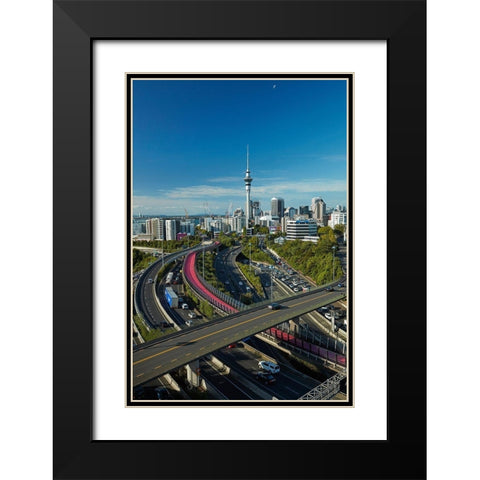 Motorways-Lightpath cycleway-and Skytower-Auckland-North Island-New Zealand Black Modern Wood Framed Art Print with Double Matting by Wall, David