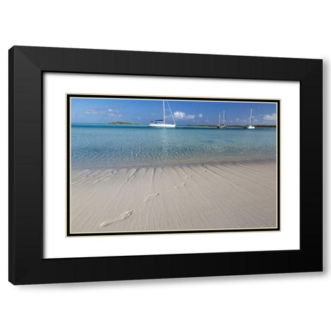 Bahamas, Exuma Island Footprints and sailboats Black Modern Wood Framed Art Print with Double Matting by Paulson, Don