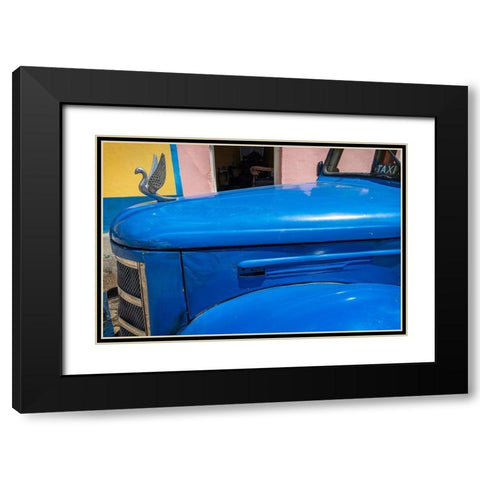 Detail of classic blue American car with chrome swan hood ornament in Trinidad-Cuba Black Modern Wood Framed Art Print with Double Matting by Miglavs, Janis