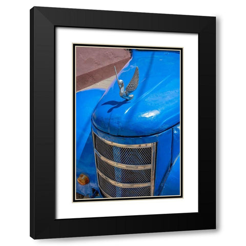 Detail of classic blue American car with chrome swan hood ornament in Trinidad-Cuba Black Modern Wood Framed Art Print with Double Matting by Miglavs, Janis