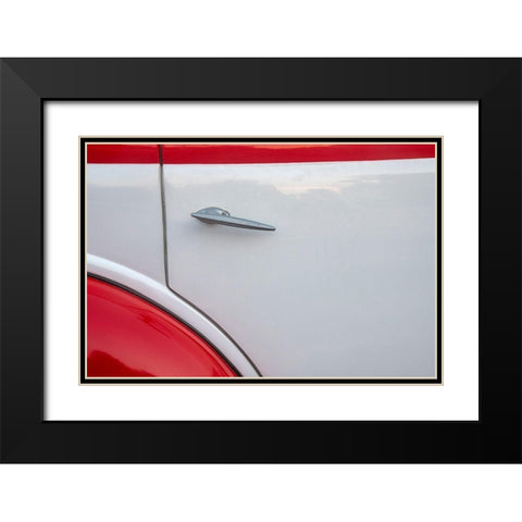 Detail of door on red and white classic American Ford in Habana-Havana-Cuba Black Modern Wood Framed Art Print with Double Matting by Miglavs, Janis
