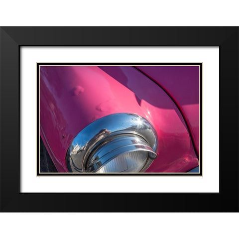 Detail of chrome head light on hot pink classic American Oldsmobile-Havana-Cuba Black Modern Wood Framed Art Print with Double Matting by Miglavs, Janis