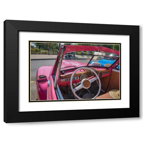 View into drivers seat of classic convertible pink American car parked in Vieja-Havana-Cuba Black Modern Wood Framed Art Print with Double Matting by Miglavs, Janis