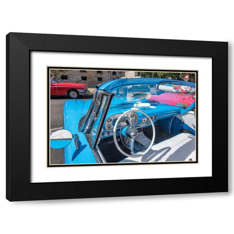 View into drivers seat of a classic convertible baby blue American car parked in Vieja-Havana-Cuba Black Modern Wood Framed Art Print with Double Matting by Miglavs, Janis