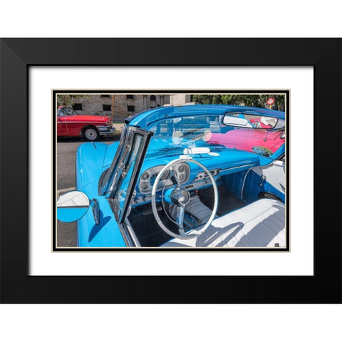 View into drivers seat of a classic convertible baby blue American car parked in Vieja-Havana-Cuba Black Modern Wood Framed Art Print with Double Matting by Miglavs, Janis