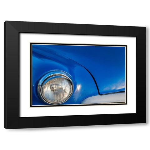 Detail of front end headlight on a classic blue American car in Vieja-old Habana-Havana-Cuba Black Modern Wood Framed Art Print with Double Matting by Miglavs, Janis