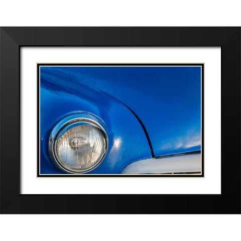 Detail of front end headlight on a classic blue American car in Vieja-old Habana-Havana-Cuba Black Modern Wood Framed Art Print with Double Matting by Miglavs, Janis