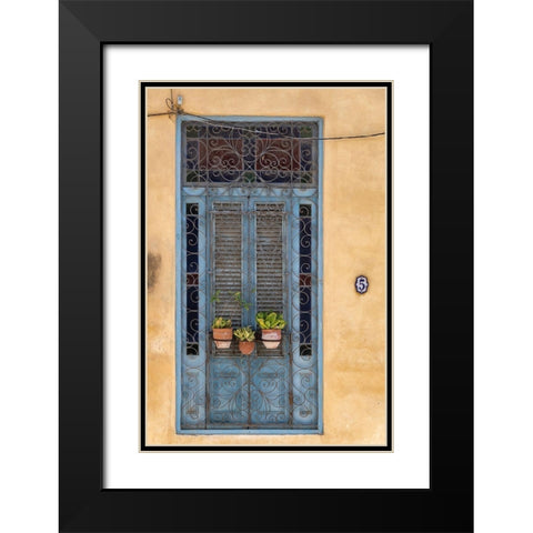 Flower pots sit in wrought iron gate in front of blue door in Old Havana; La Habana Vieja-Cuba Black Modern Wood Framed Art Print with Double Matting by Miglavs, Janis