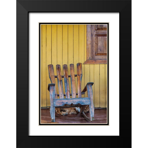 A dog sleeps under a weathered Adirondack rocking chair in Vinales-Cuba, Black Modern Wood Framed Art Print with Double Matting by Miglavs, Janis