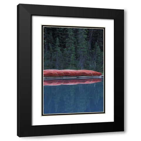 Canada, Alberta Canoes line the Lake Louise Black Modern Wood Framed Art Print with Double Matting by Anon, Josh
