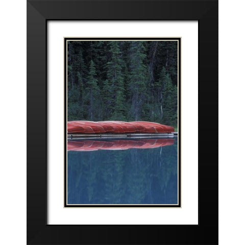 Canada, Alberta Canoes line the Lake Louise Black Modern Wood Framed Art Print with Double Matting by Anon, Josh