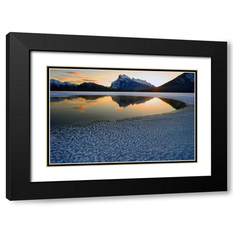 Snow crystals rim a lone break in the ice on Vermilion Lakes on a cold Banff National Park winter mo Black Modern Wood Framed Art Print with Double Matting by Steve Mohlenkamp