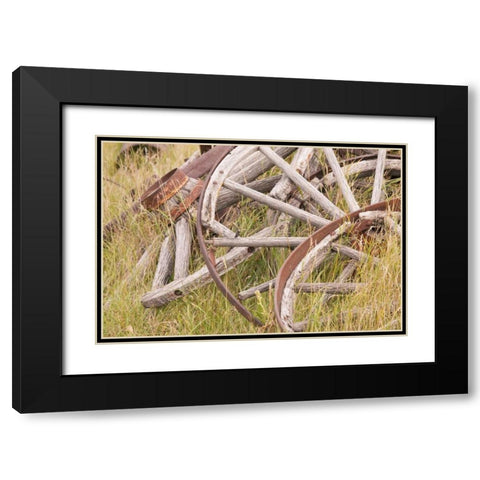 Canada, BC, Fort Steele Wagon wheels in grass Black Modern Wood Framed Art Print with Double Matting by Paulson, Don