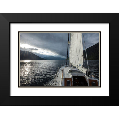 Canada-British Columbia-Gulf 32 pilothouse boat motoring and sailing north Black Modern Wood Framed Art Print with Double Matting by Souders, Paul