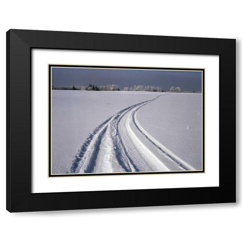 Canada, Manitoba, Tire tracks in snow landscape Black Modern Wood Framed Art Print with Double Matting by Grandmaison, Mike