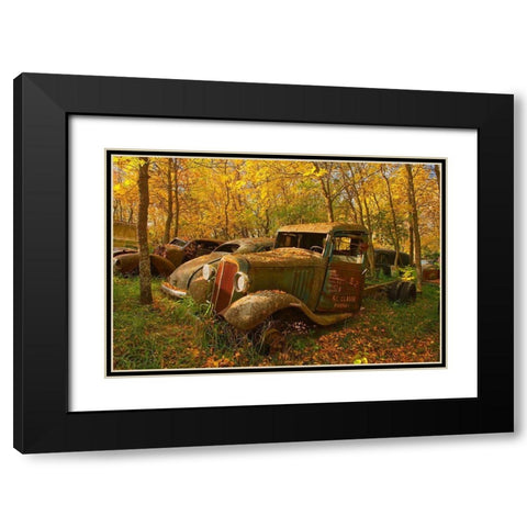 Canada-Manitoba-St Lupicin Vintage old vehicles in wrecking yard Black Modern Wood Framed Art Print with Double Matting by Jaynes Gallery