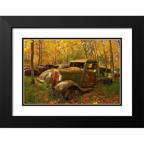 Canada-Manitoba-St Lupicin Vintage old vehicles in wrecking yard Black Modern Wood Framed Art Print with Double Matting by Jaynes Gallery