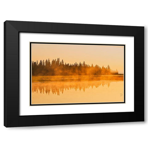 Canada-Manitoba-Riding Mountain National Park Fog rising above Whirlpool Lake at sunrise Black Modern Wood Framed Art Print with Double Matting by Jaynes Gallery